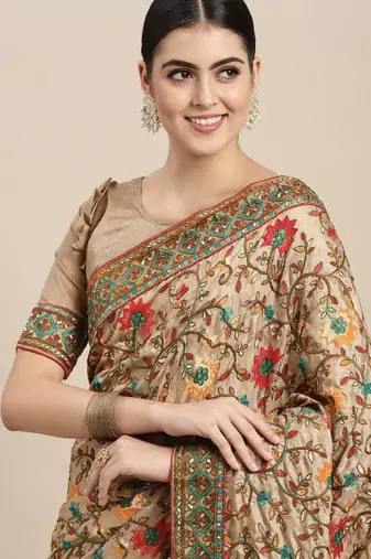 beige and olive green silk blend saree with floral embroidered design