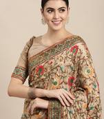 Beige & olive green floral embroidered silk blend saree