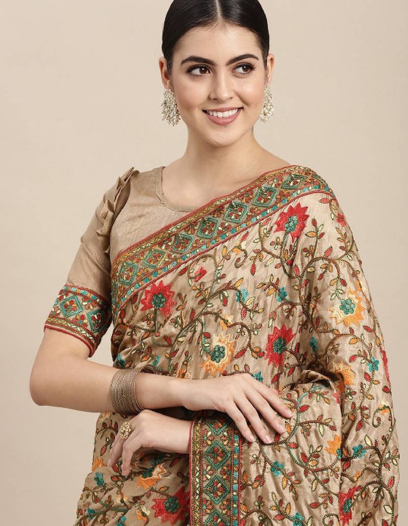 Beige & olive green floral embroidered silk blend saree