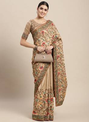 Beige & olive green floral embroidered silk blend saree 2