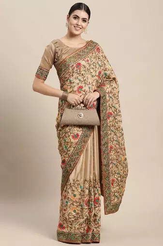beige and olive green silk blend saree with floral embroidered design