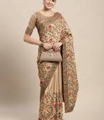beige and olive green silk blend saree with floral embroidered design