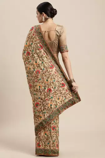 beige and olive green silk blend saree with floral embroidered design