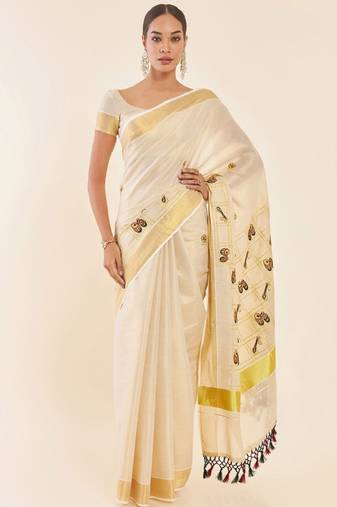 off white zari tissue kasavu saree with printed ethnic motifs