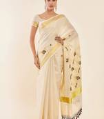 Off white ethnic motifs printed zari tissue kasavu saree