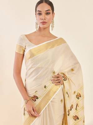 Off white ethnic motifs printed zari tissue kasavu saree 4