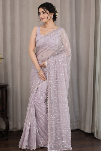 Lavender Color Beads Work Net Saree
