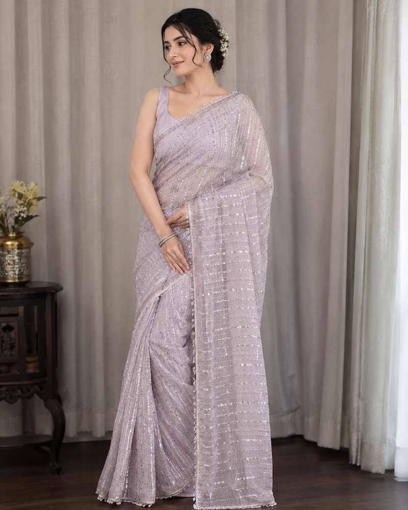 Lavender Color Beads Work Net Saree