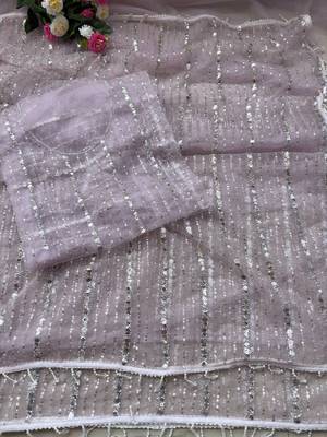 Lavender Color Beads Work Net Saree 2