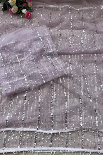 Lavender Color Beads Work Net Saree