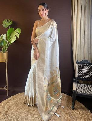 Ethnic motifs woven design embroidered paithani saree 1