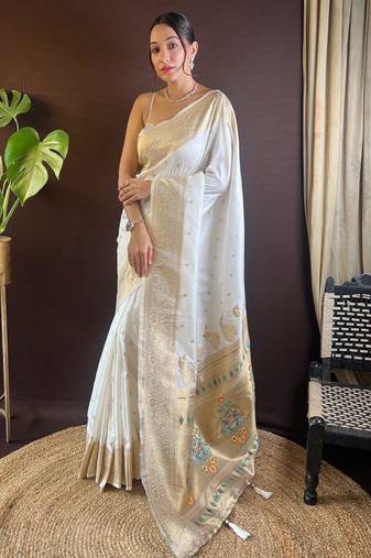white pure silk paithani saree with woven ethnic motifs and embroidery