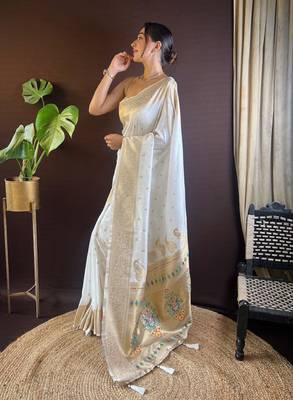 Ethnic motifs woven design embroidered paithani saree 2