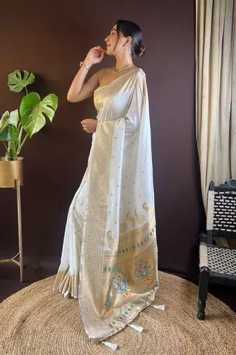 Ethnic motifs woven design embroidered paithani saree