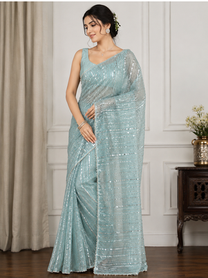 Sky Blue Color Beads Work Net Saree 1