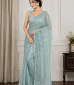 Sky Blue Color Beads Work Net Saree