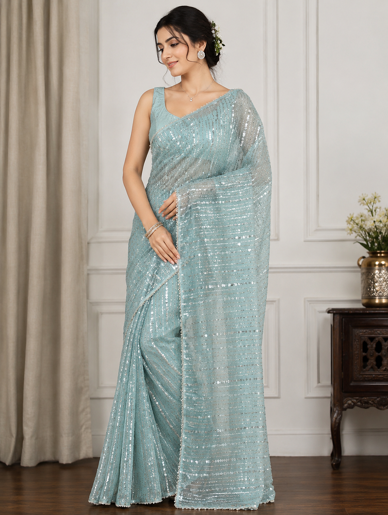 Sky Blue Color Beads Work Net Saree
