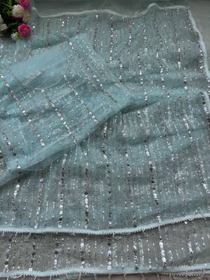 Sky Blue Color Beads Work Net Saree 2