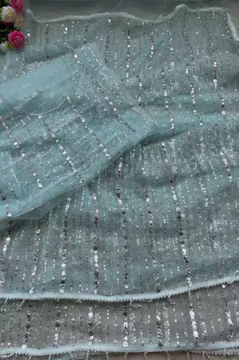 Sky Blue Color Beads Work Net Saree