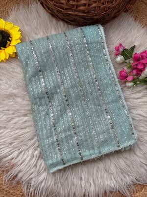 Sky Blue Color Beads Work Net Saree 3