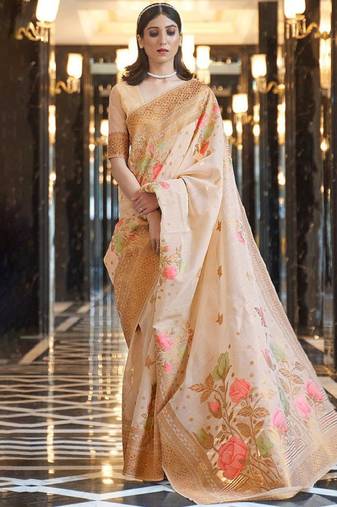 white floral woven zari design silk kanjeevaram saree