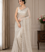White Color Beads Work Net Saree