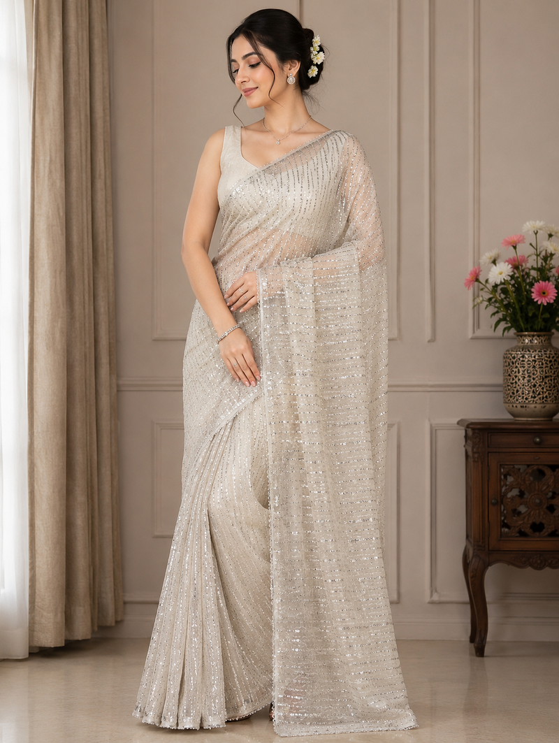 White Color Beads Work Net Saree