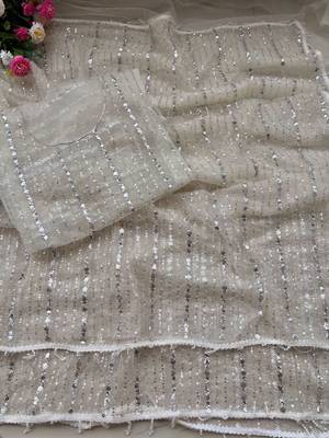 White Color Beads Work Net Saree 2
