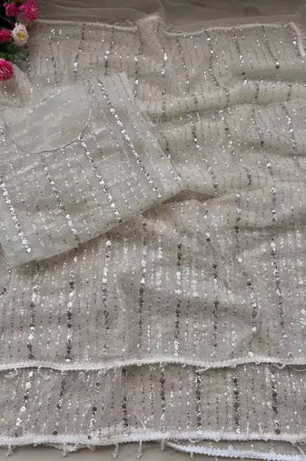 White Color Beads Work Net Saree