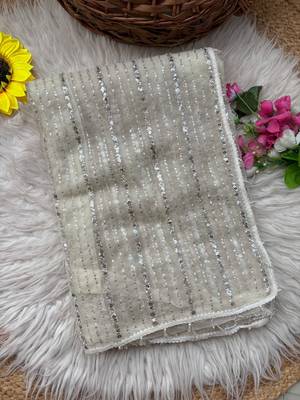White Color Beads Work Net Saree 3