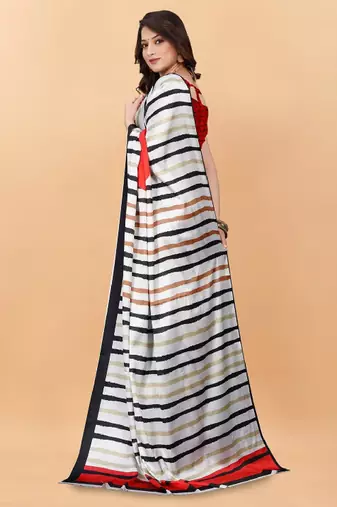 white satin saree with striped printed design