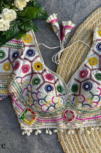 White navratri italian soft silk blouse with real mirror, beads & kaudi work