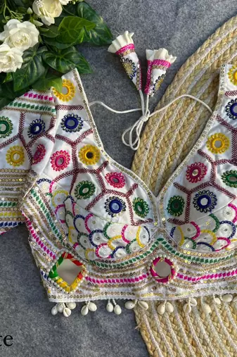 White navratri italian soft silk blouse with real mirror, beads & kaudi work