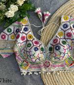 White navratri italian soft silk blouse with real mirror, beads & kaudi work