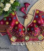 Maroon navratri italian soft silk blouse with real mirror, beads & kaudi work