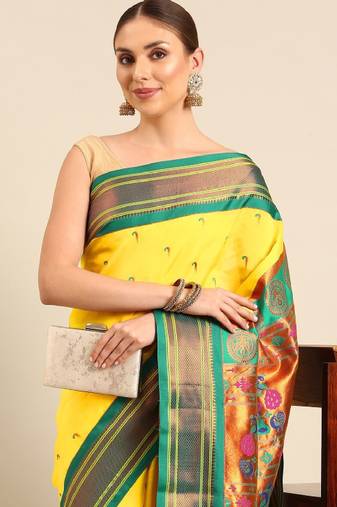 gold zari work silk paithani saree with ethnic motifs
