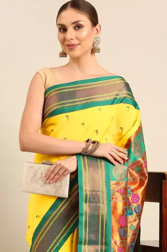 gold zari work silk paithani saree with ethnic motifs