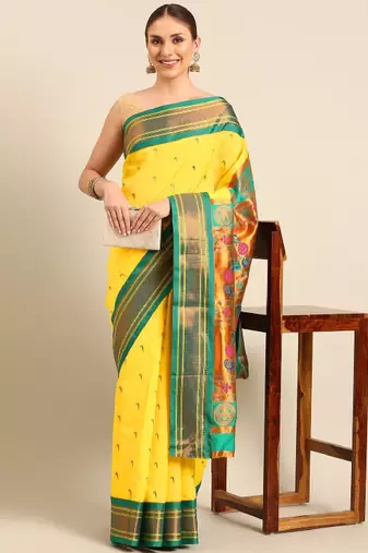 gold zari work silk paithani saree with ethnic motifs