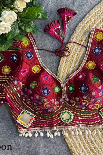 Maroon navratri italian soft silk blouse with real mirror, beads & kaudi work