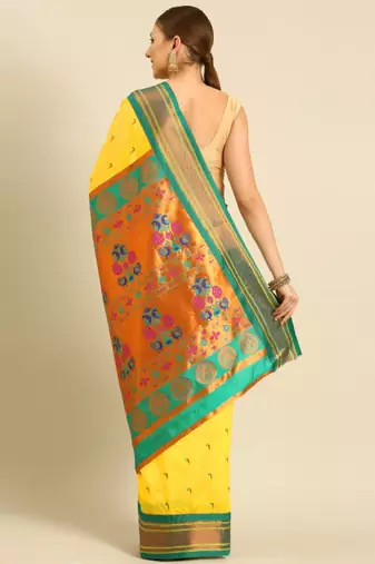 gold zari work silk paithani saree with ethnic motifs