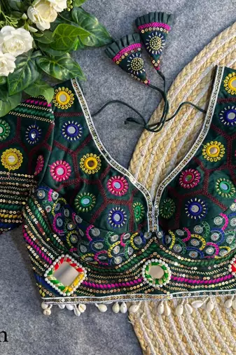 Green navratri italian soft silk blouse with real mirror, beads & kaudi work