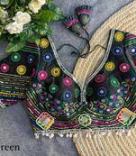 Green navratri italian soft silk blouse with real mirror, beads & kaudi work
