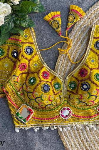 Yellow navratri italian soft silk blouse with real mirror, beads & kaudi work