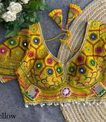 Yellow navratri italian soft silk blouse with real mirror, beads & kaudi work