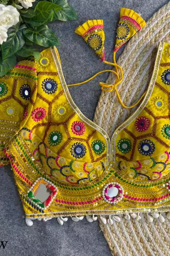 Yellow navratri italian soft silk blouse with real mirror, beads & kaudi work