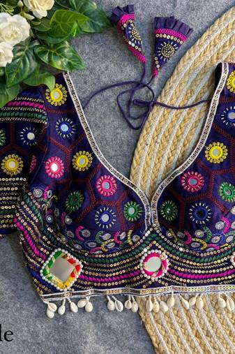Purple navratri italian soft silk blouse with real mirror, beads & kaudi work