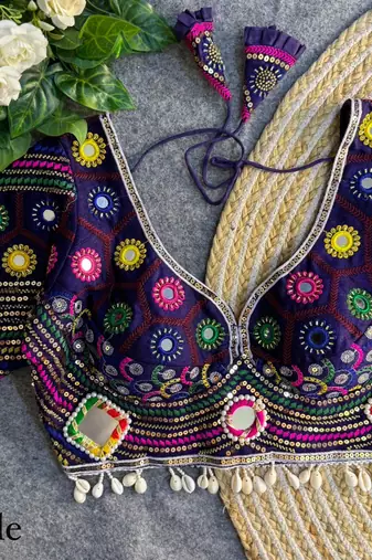 Purple navratri italian soft silk blouse with real mirror, beads & kaudi work