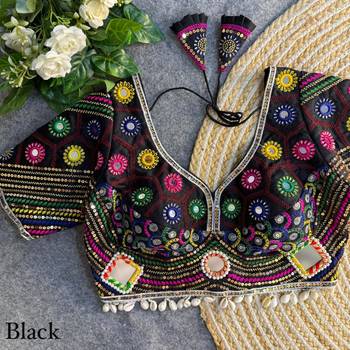 Black navratri italian soft silk blouse with real mirror, beads & kaudi work 1