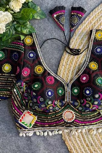 Black navratri italian soft silk blouse with real mirror, beads & kaudi work