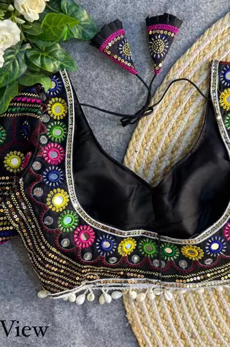 Black navratri italian soft silk blouse with real mirror, beads & kaudi work